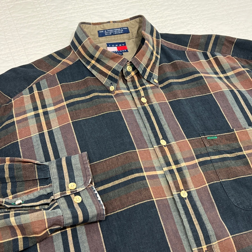 Tommy Hilfiger Mens XL Vintage Linen Cotton Plaid Button Down‎ Shirt Brown *READ